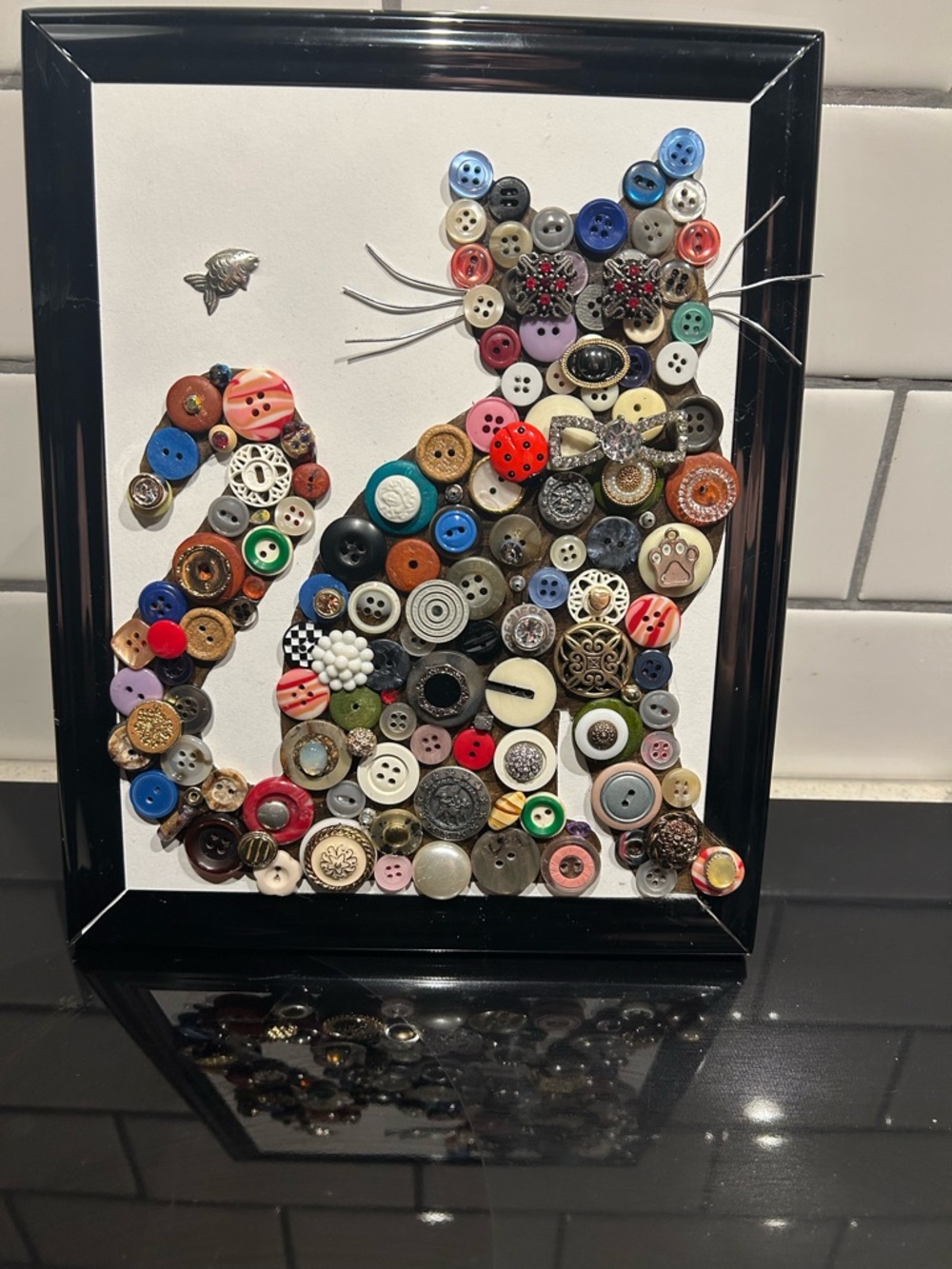 Framed Button Art - Colorful Cat Silhouette